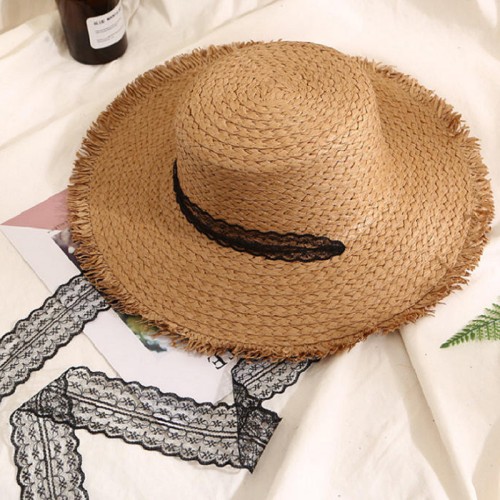 Fashionable flat top lace women's braided straw hat