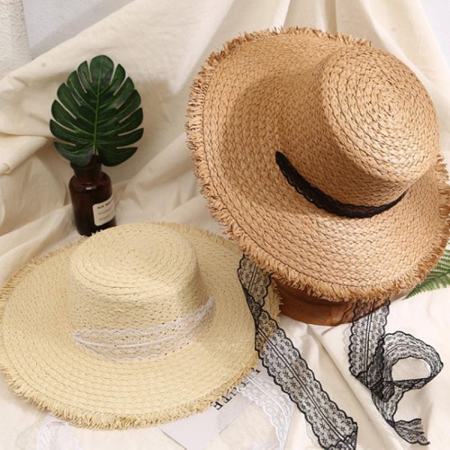Fashionable flat top lace women's braided straw hat