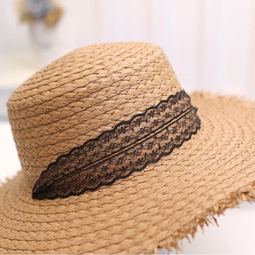 Fashionable flat top lace women's braided straw hat