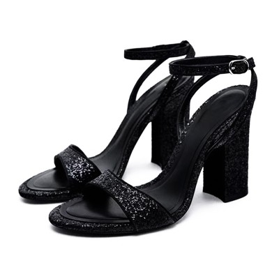 Exquisite round toe glittery women's thick heel sandals
