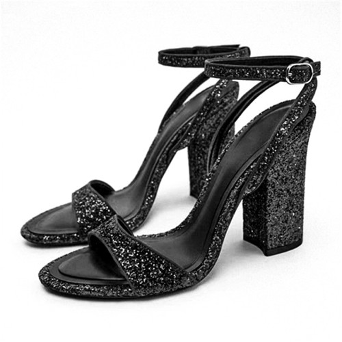 Exquisite round toe glittery women's thick heel sandals