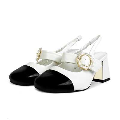 Luxury color-blocked round-toe women's thick-heeled sandals