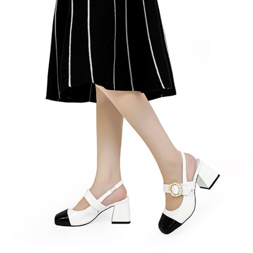 Luxury color-blocked round-toe women's thick-heeled sandals