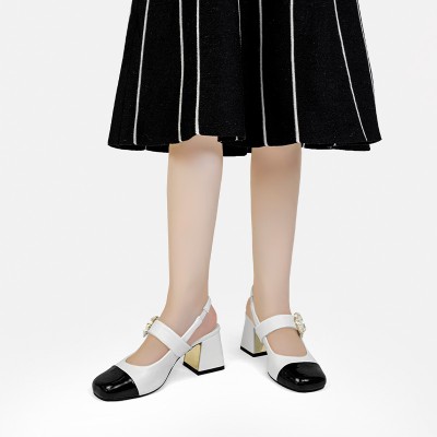 Luxury color-blocked round-toe women's thick-heeled sandals