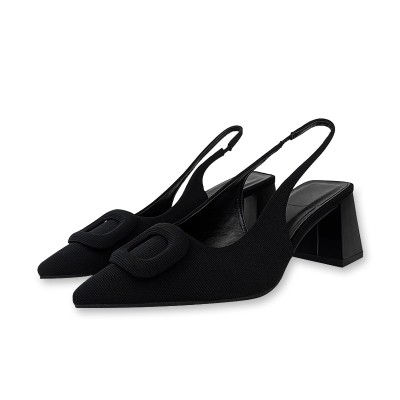 Elegant black pointed toe women's thick heel sandals