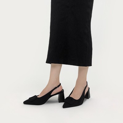 Elegant black pointed toe women's thick heel sandals