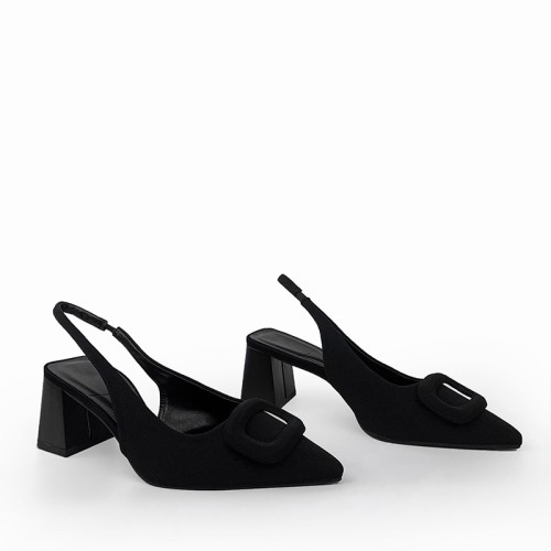 Elegant black pointed toe women's thick heel sandals