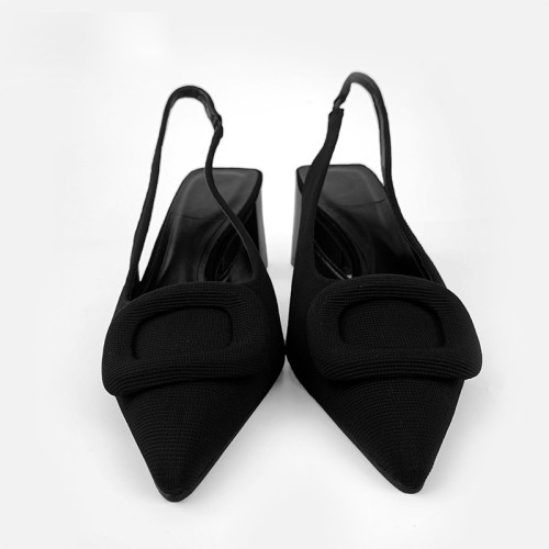 Elegant black pointed toe women's thick heel sandals