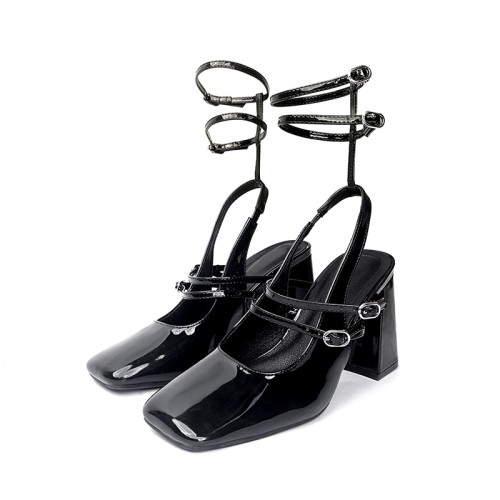 Elegant black glossy ladies thick heel sandals