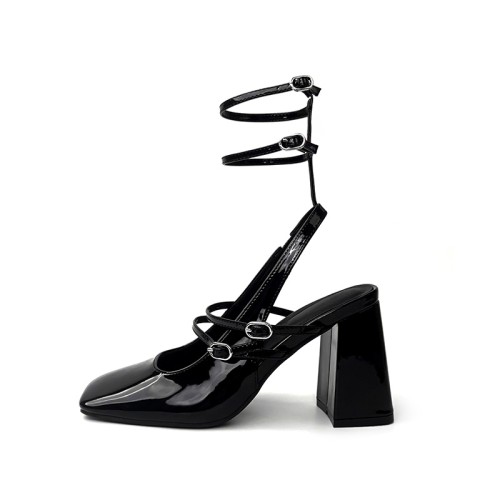 Elegant black glossy ladies thick heel sandals