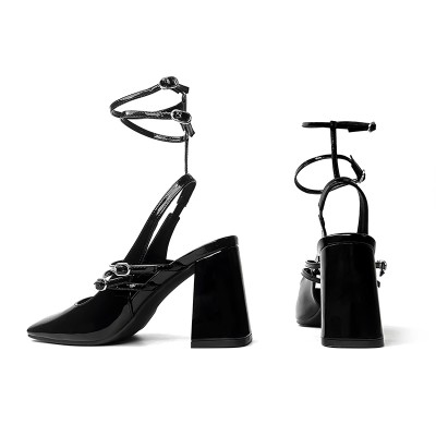 Elegant black glossy ladies thick heel sandals
