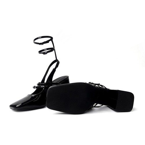 Elegant black glossy ladies thick heel sandals