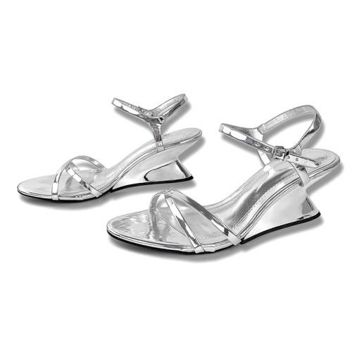 Silver shiny leather women's thick-heeled sandals