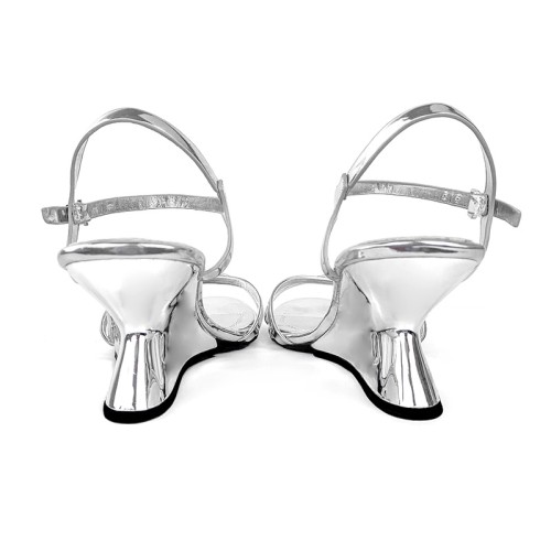 Silver shiny leather women's thick-heeled sandals
