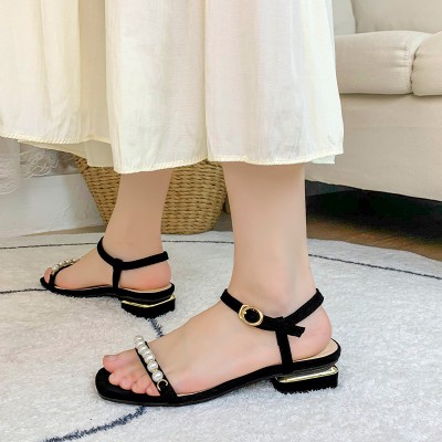 Exquisite pearl embellished women's thick heel sandals