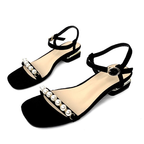 Exquisite pearl embellished women's thick heel sandals