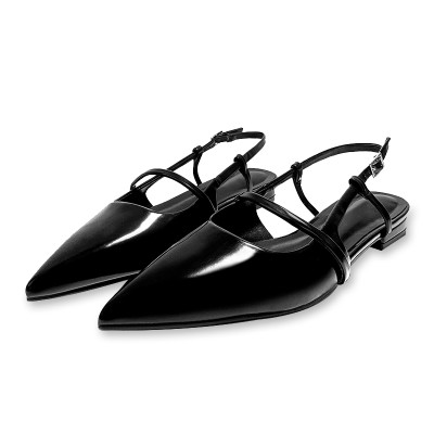 Women's black pointed toe button-down flat sandals