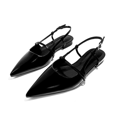 Women's black pointed toe button-down flat sandals