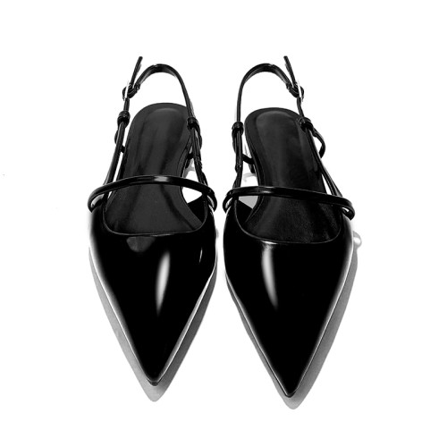 Women's black pointed toe button-down flat sandals