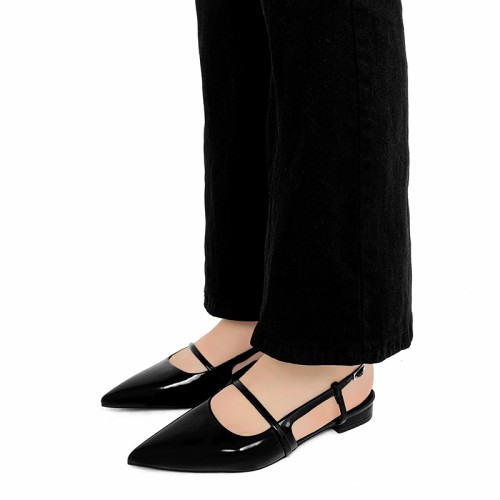 Women's black pointed toe button-down flat sandals