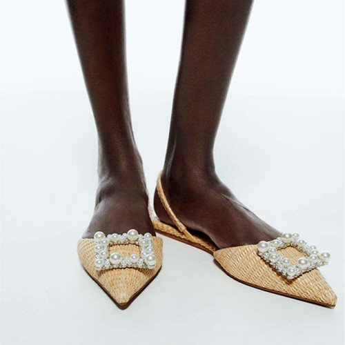 Apricot pointed toe rhinestone women's flat sandals