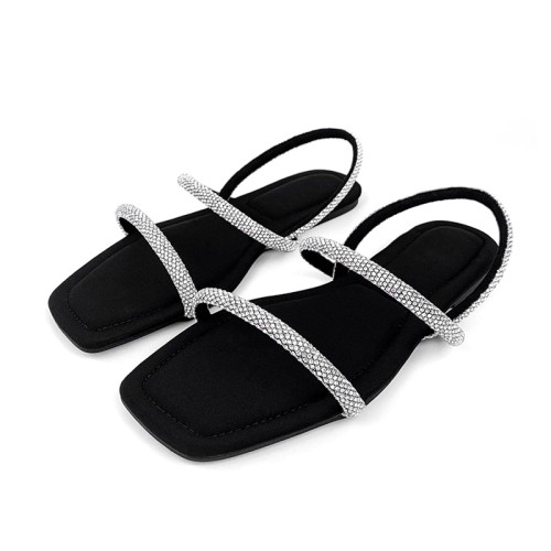 Black flat toe rhinestone ladies flat sandals