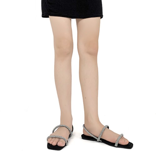 Black flat toe rhinestone ladies flat sandals