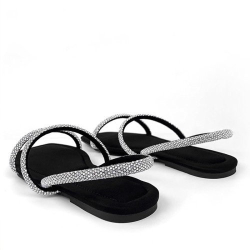 Black flat toe rhinestone ladies flat sandals