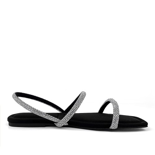 Black flat toe rhinestone ladies flat sandals