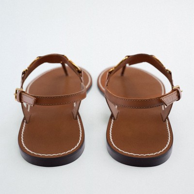 New style metal buckle decorated women's thong flat sandals
