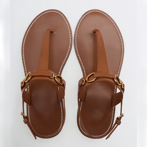 New style metal buckle decorated women's thong flat sandals