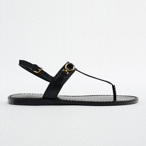 New style metal buckle decorated women's thong flat sandals