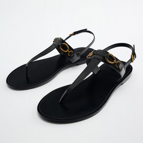 New style metal buckle decorated women's thong flat sandals