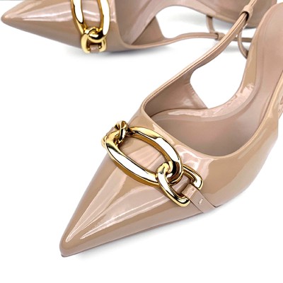 Women's glossy mid-heeled sandals with metal buckle