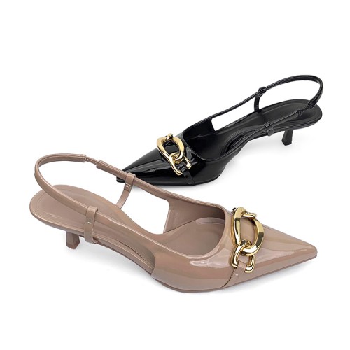 Women's glossy mid-heeled sandals with metal buckle