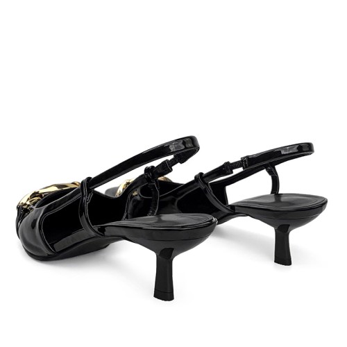Women's glossy mid-heeled sandals with metal buckle