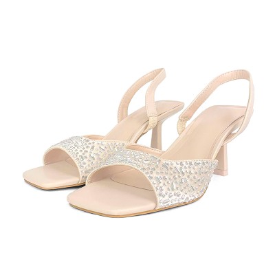 Luxury rhinestone flat toe women's mid-heel sandals