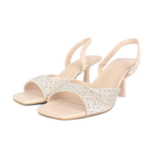 Luxury rhinestone flat toe women's mid-heel sandals