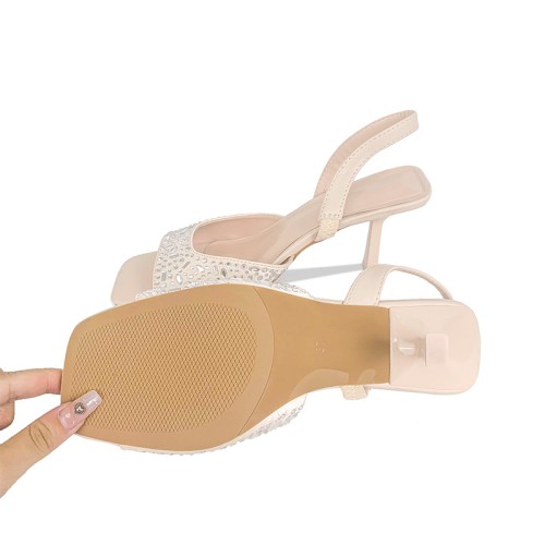 Luxury rhinestone flat toe women's mid-heel sandals