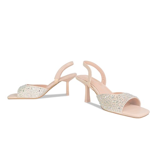 Luxury rhinestone flat toe women's mid-heel sandals