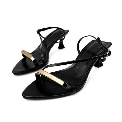 New black pointed toe women's mid-heel sandals