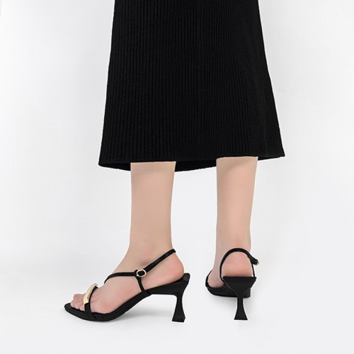 New black pointed toe women's mid-heel sandals
