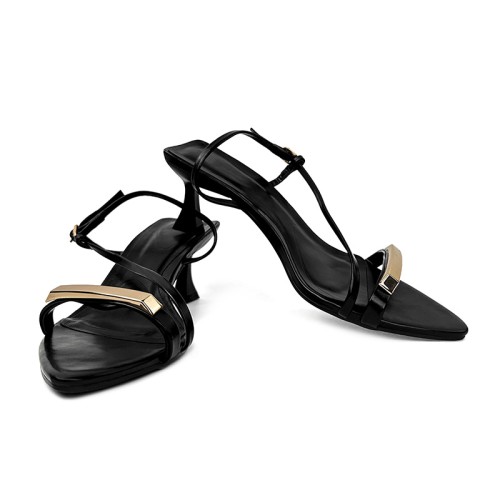 New black pointed toe women's mid-heel sandals