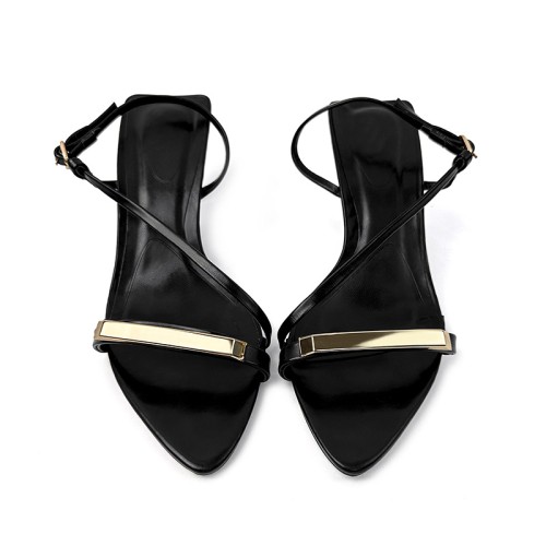 New black pointed toe women's mid-heel sandals