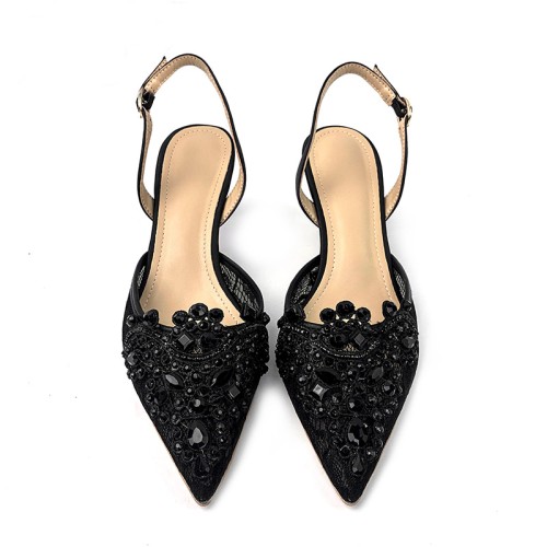 Black pointed lace women's mid-heel sandals