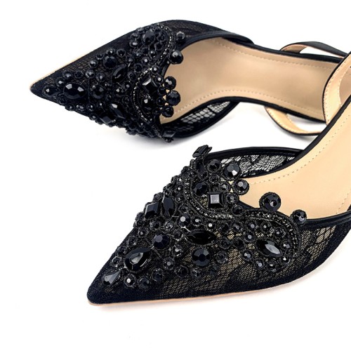 Black pointed lace women's mid-heel sandals