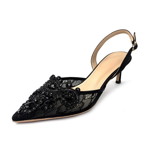 Black pointed lace women's mid-heel sandals