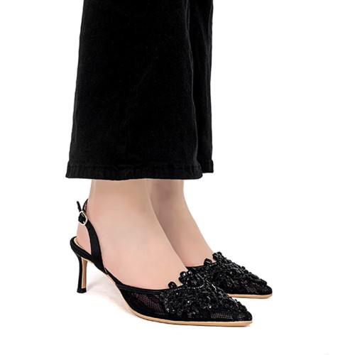 Black pointed lace women's mid-heel sandals