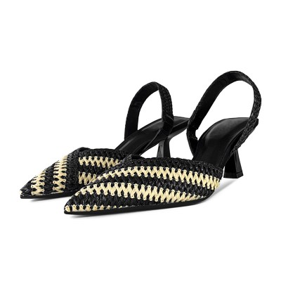 Pointed toe straw black women's mid-heeled sandals