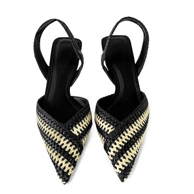 Pointed toe straw black women's mid-heeled sandals